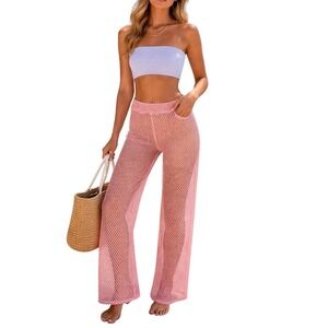 Pink‎ Mesh Fishnet Wide Leg Beach Coverup Pants Resort Vacation Medium